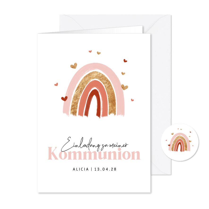 Einladungskarte Kommunion Regenbogen rosa - Karteneindruck