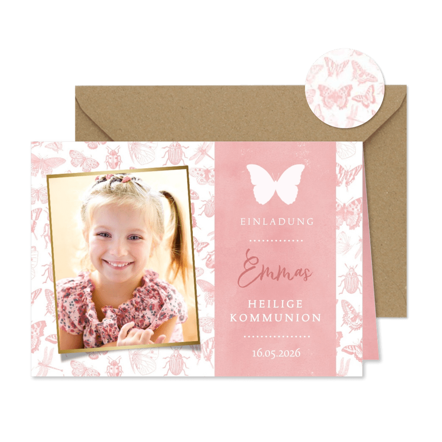 Einladungskarte Kommunion Schmetterlinge und Foto - Karteneindruck