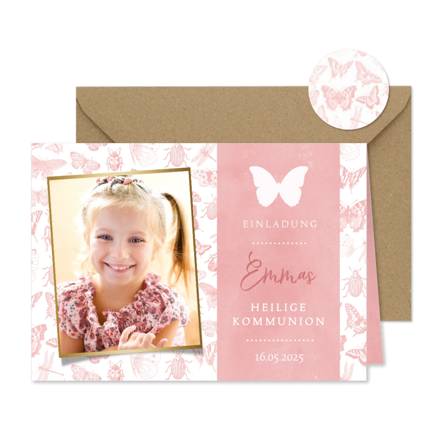 Einladungskarte Kommunion Schmetterlinge und Foto - Karteneindruck