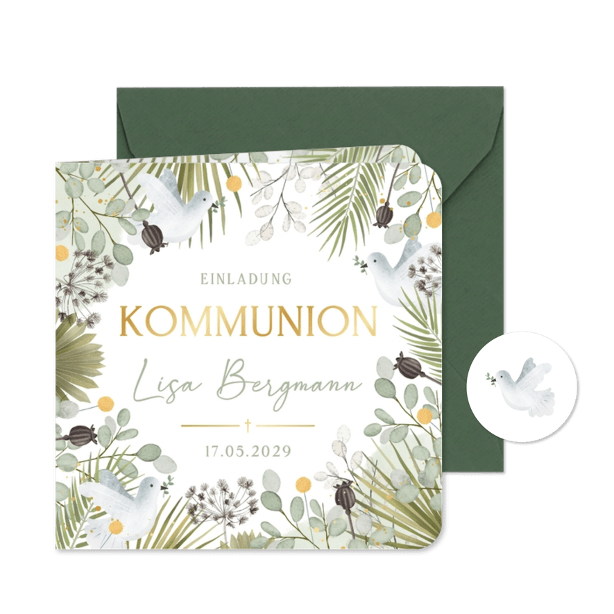 Einladungskarte Kommunion Tauben & Zweige - Karteneindruck

