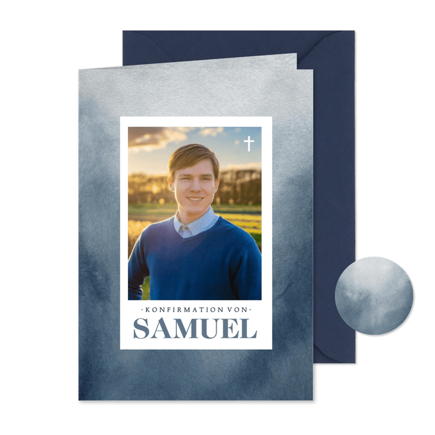 Einladungskarte Konfirmation blaues Aquarell mit Foto - Karteneindruck
