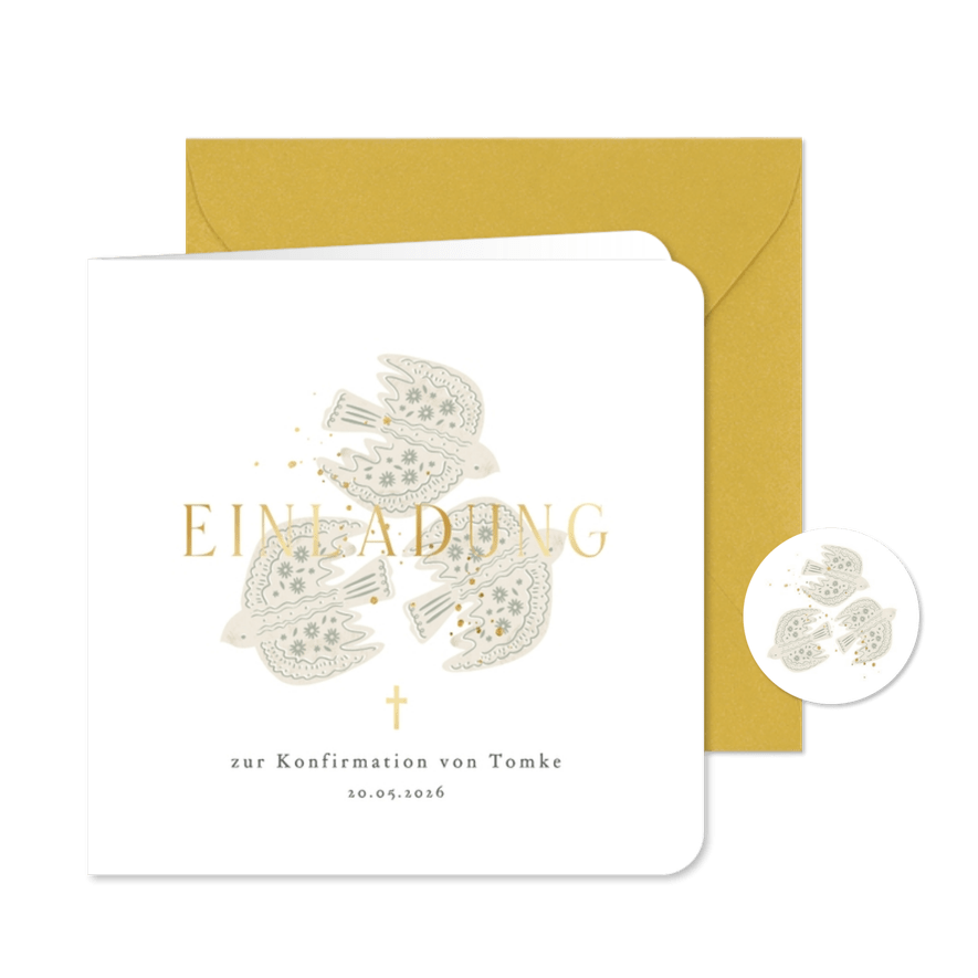 Einladungskarte Konfirmation drei Tauben Goldschrift - Kartenvorschau