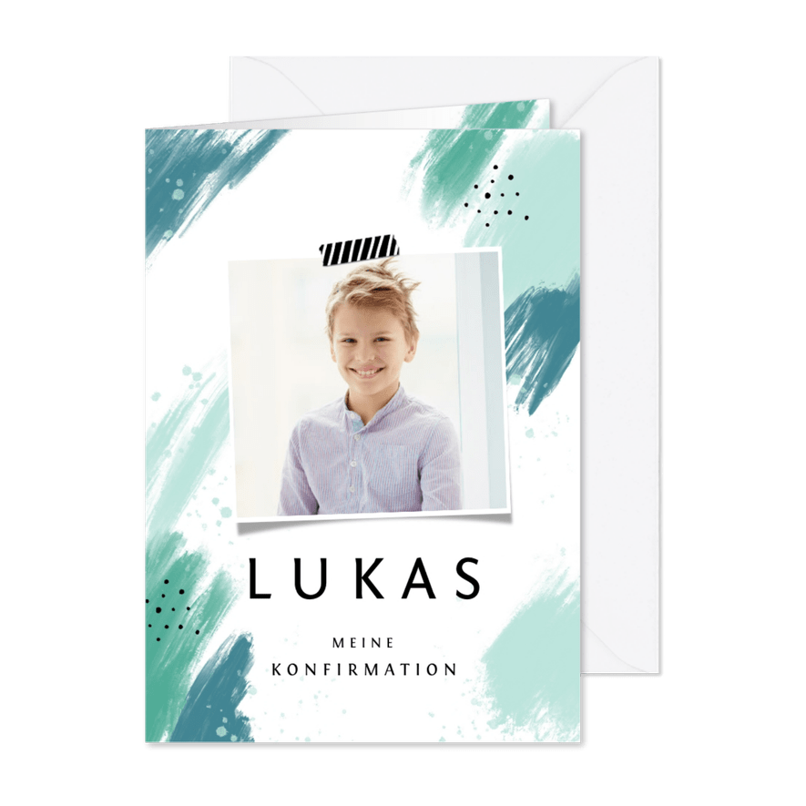 Einladungskarte Konfirmation Foto grüne Farbflecken - Karteneindruck
