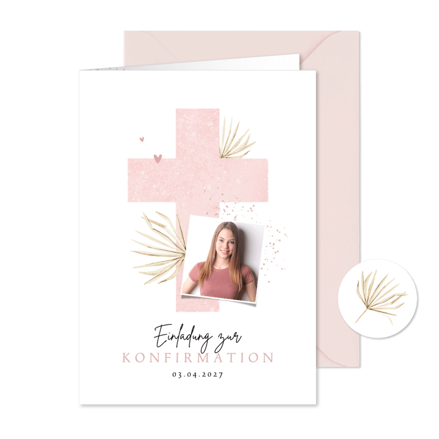 Einladungskarte Konfirmation Foto und rosa Kreuz - Karteneindruck