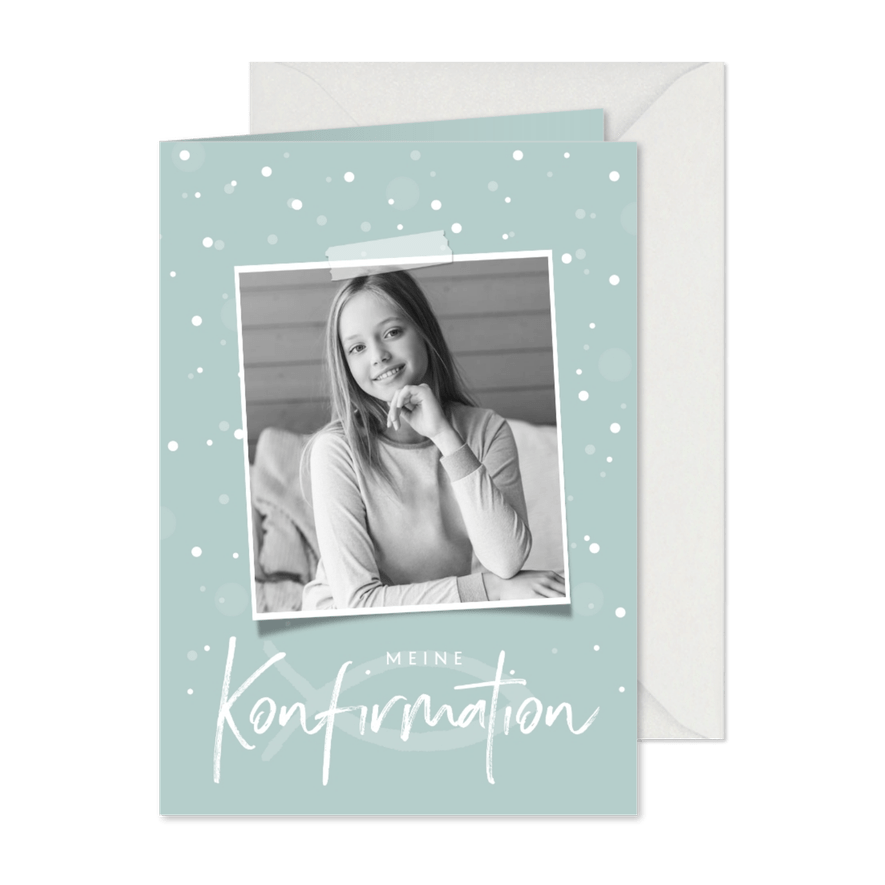 Einladungskarte Konfirmation Foto, weiße Konfetti & Fisch - Karteneindruck