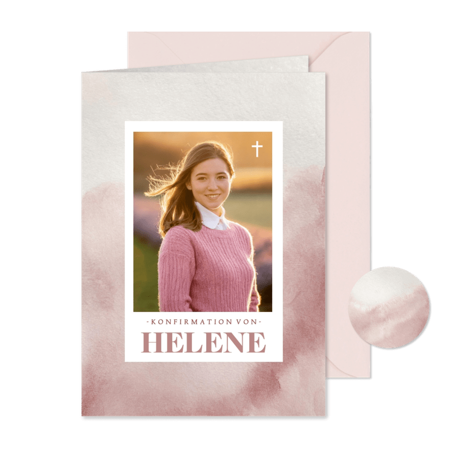 Einladungskarte Konfirmation rosa Aquarell mit Foto - Kartenvorschau