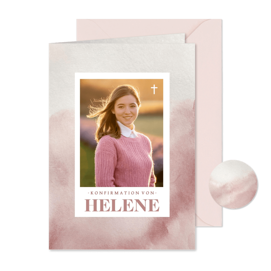 Einladungskarte Konfirmation rosa Aquarell mit Foto - Karteneindruck
