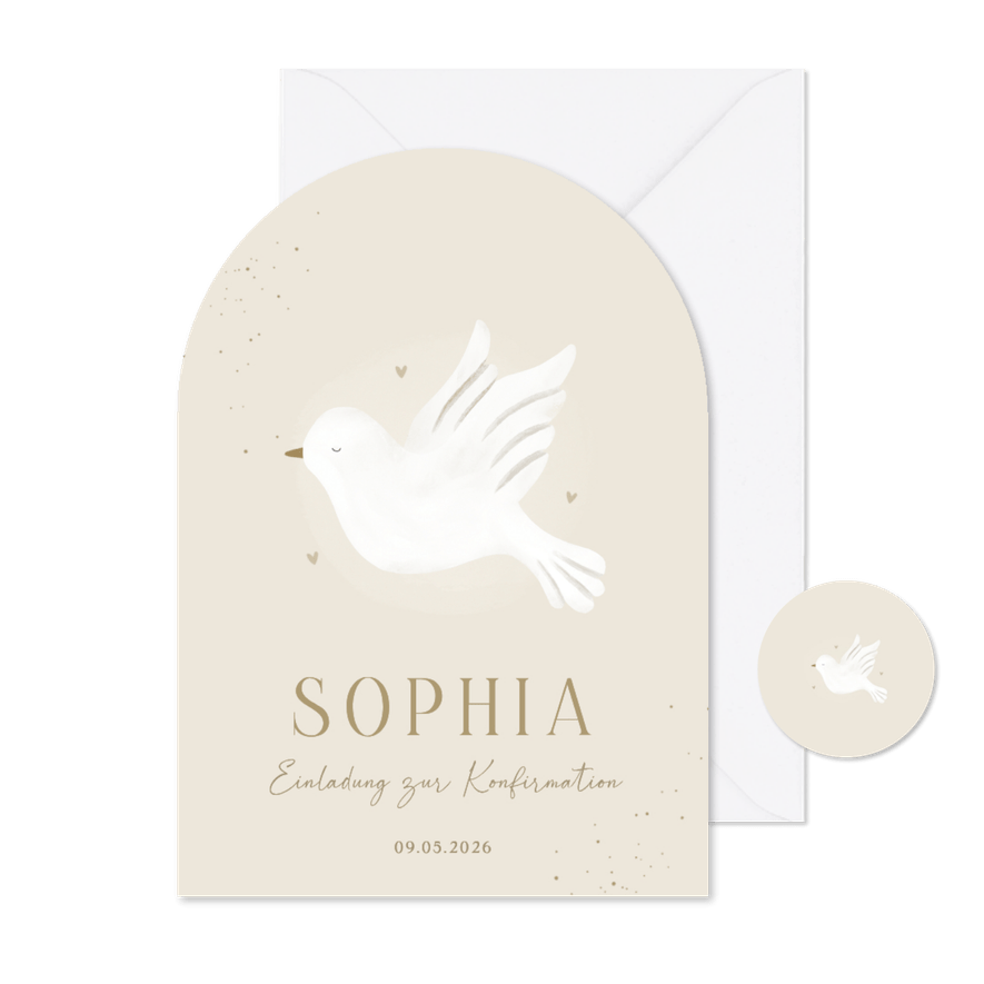 Einladungskarte Konfirmation weiße Taube auf Pastellbraun - Karteneindruck
