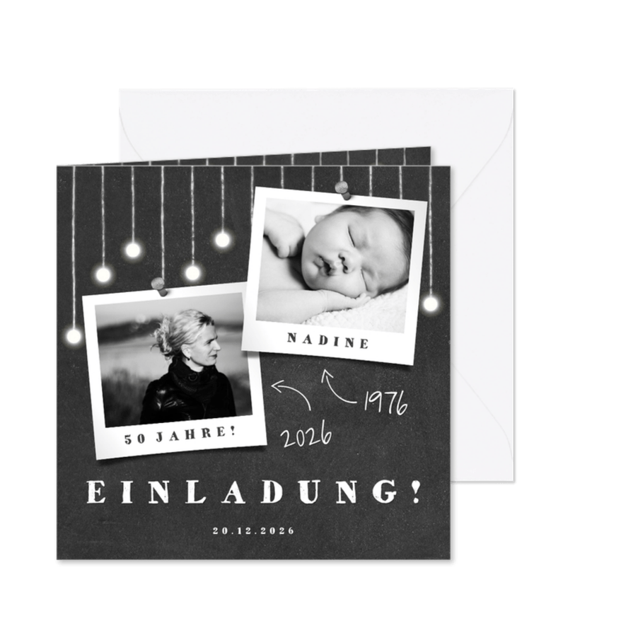 Einladungskarte Kreidelook mit Fotos und Lämpchen - Karteneindruck
