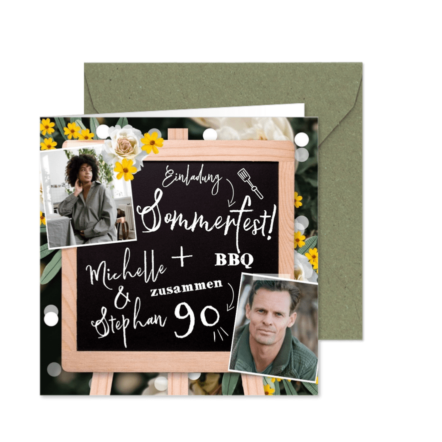 Einladungskarte Kreidetafel Sommerfest Garten Fotocollage - Kartenvorschau