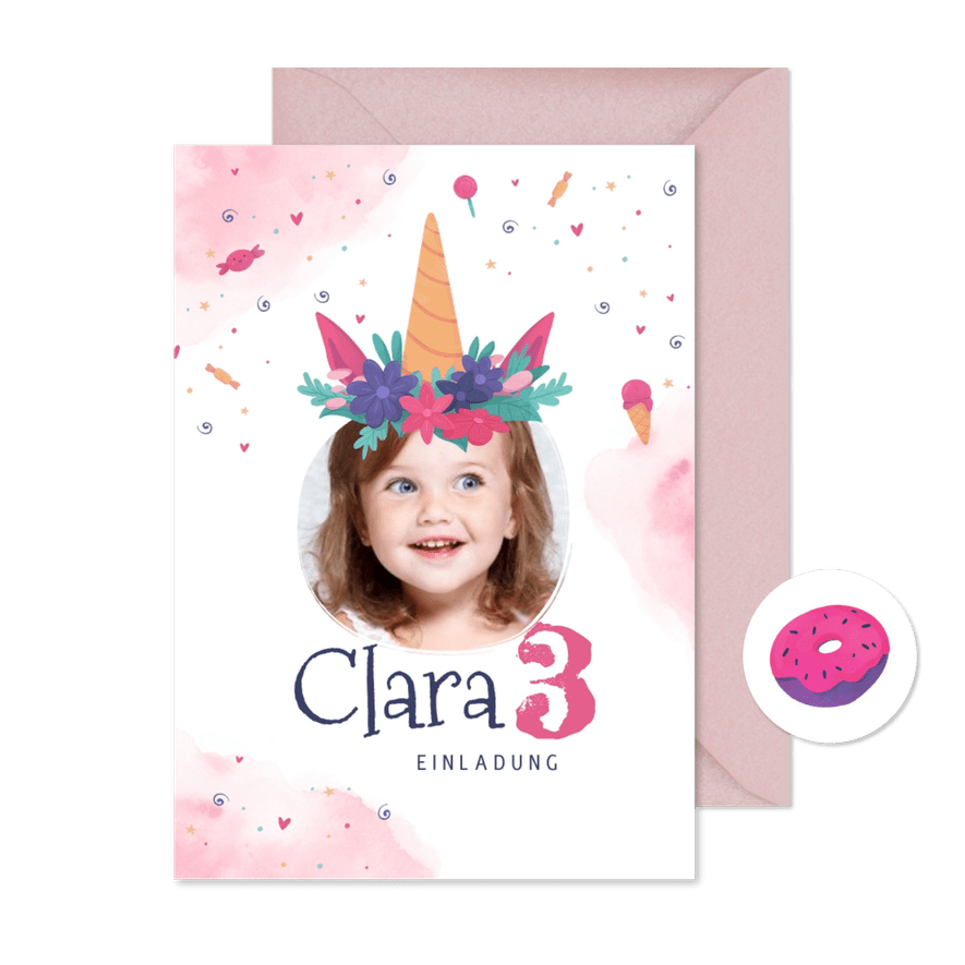Einladungskarte Mädchen 3. Geburtstag Einhorn mit Foto - Karteneindruck
