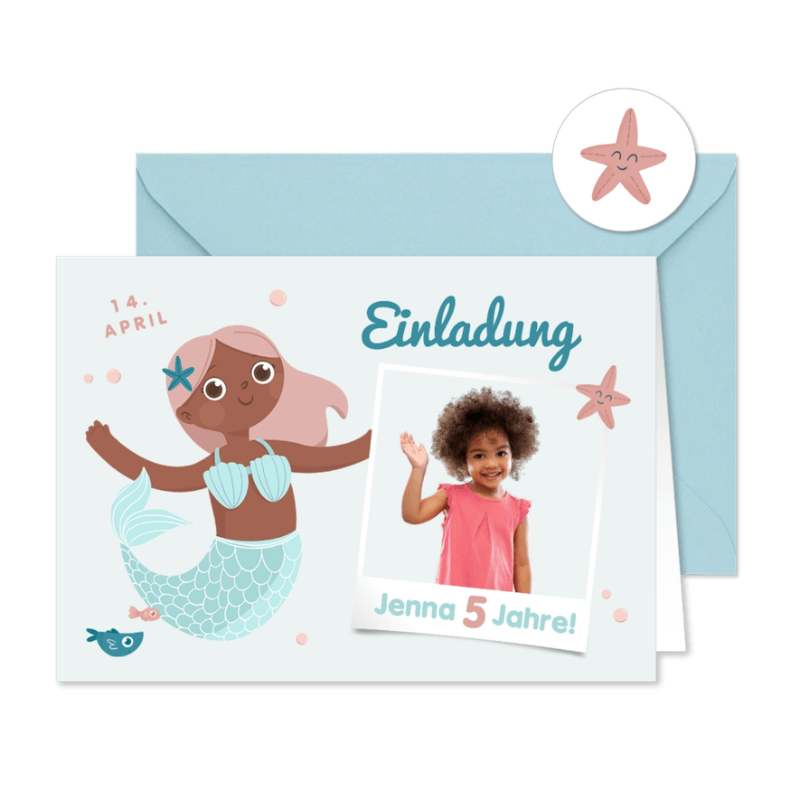 Einladungskarte Meerjungfrau mit Foto 5. Kindergeburtstag  - Karteneindruck
