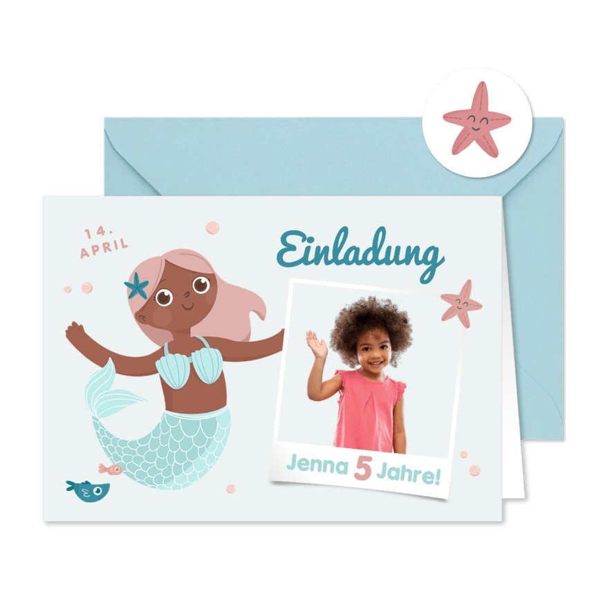 Einladungskarte Meerjungfrau mit Foto 5. Kindergeburtstag  - Karteneindruck
