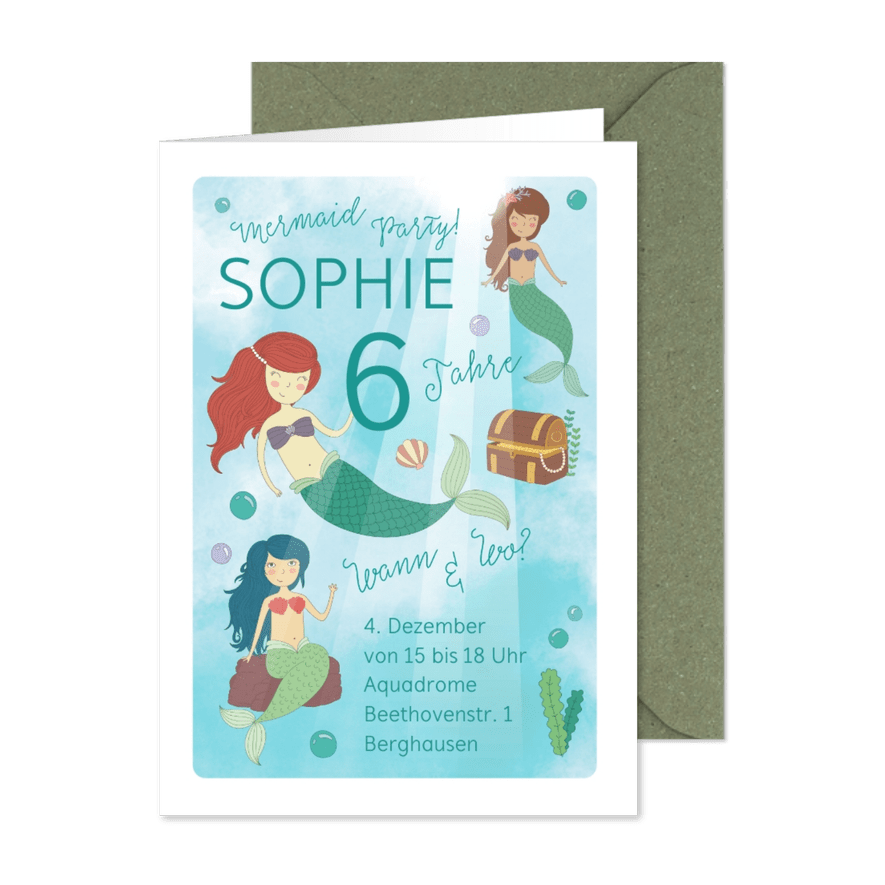 Einladungskarte Mermaid Party zum 6. Geburtstag - Karteneindruck