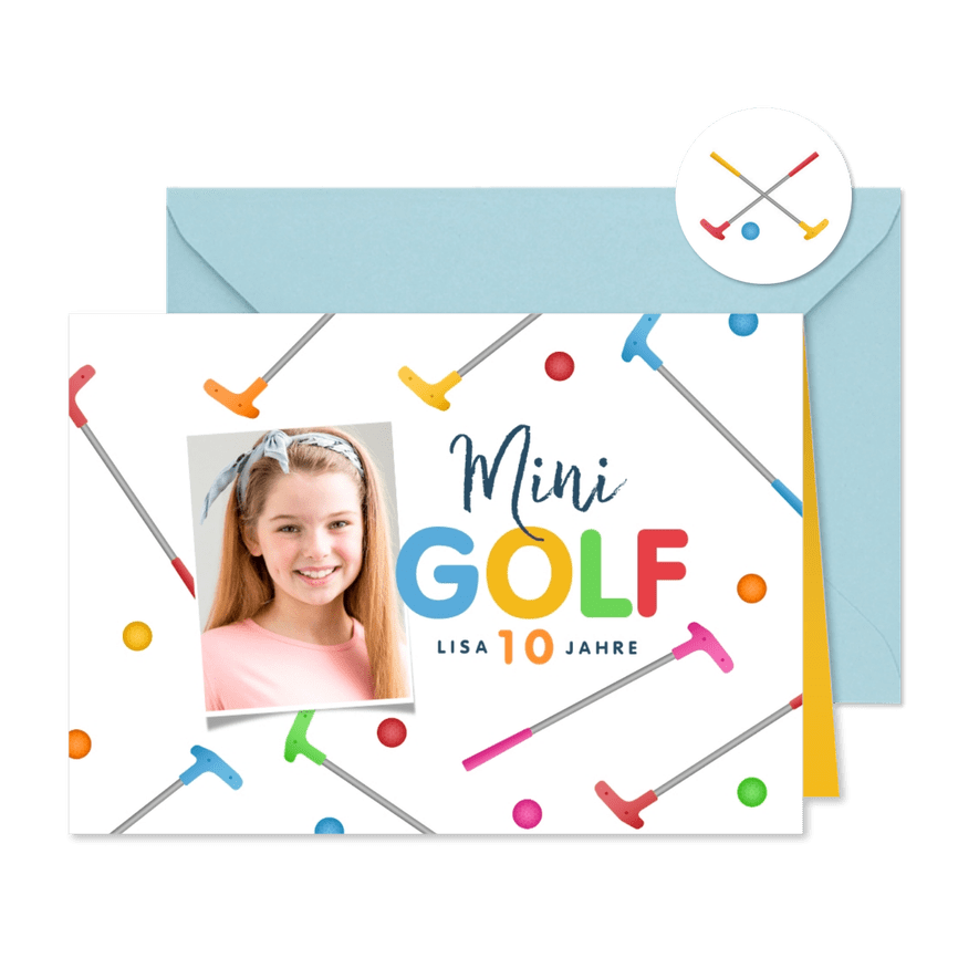 Einladungskarte Minigolf mit Foto, Schläger & Ball 10 Jahre - Karteneindruck
