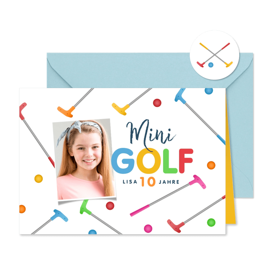 Einladungskarte Minigolf mit Foto, Schläger & Ball 10 Jahre - Kartenvorschau
