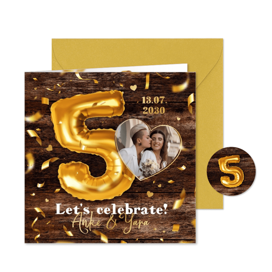 Einladungskarte mit Foto 5. Hochzeitstag Folienballon - Karteneindruck
