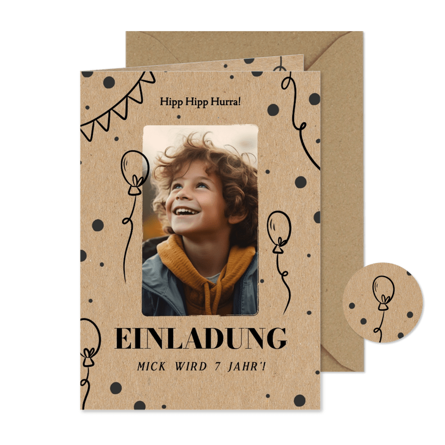 Einladungskarte mit Foto Kindergeburtstag 7 Kraftpapier - Karteneindruck