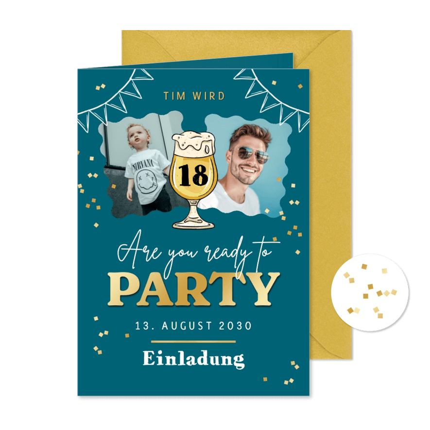 Einladungskarte mit Fotos 18. Geburtstag 'Ready to Party' - Karteneindruck
