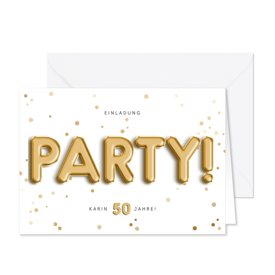 Einladungskarte mit Party Folienballons und Konfetti - Kartenvorschau