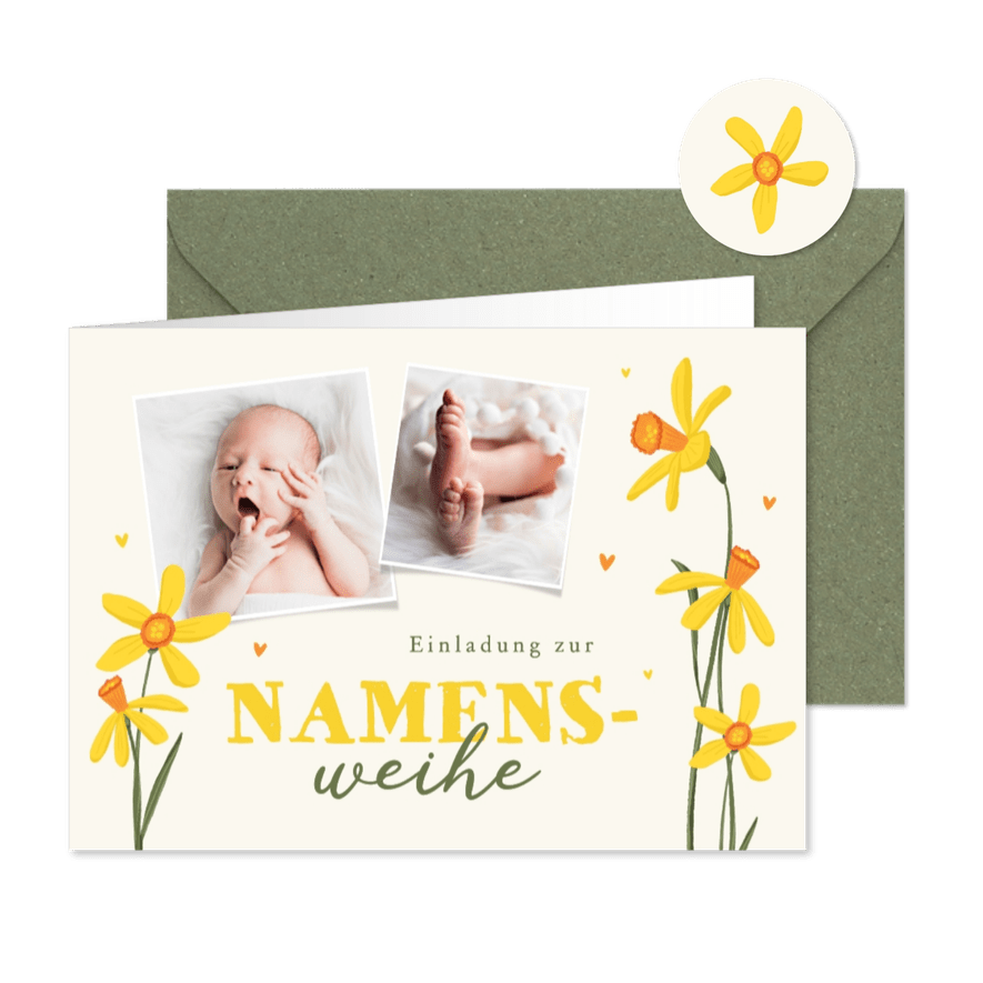 Einladungskarte Namensweihe Fotos und Narzissen - Karteneindruck