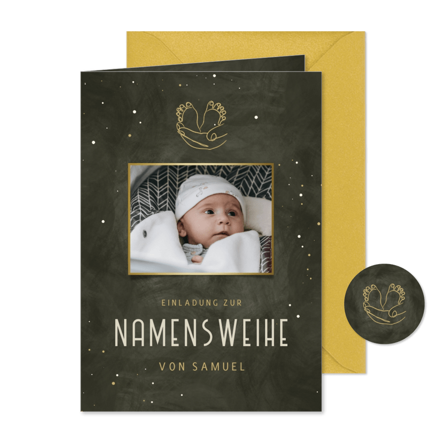 Einladungskarte Namensweihe olivgrün Foto - Karteneindruck