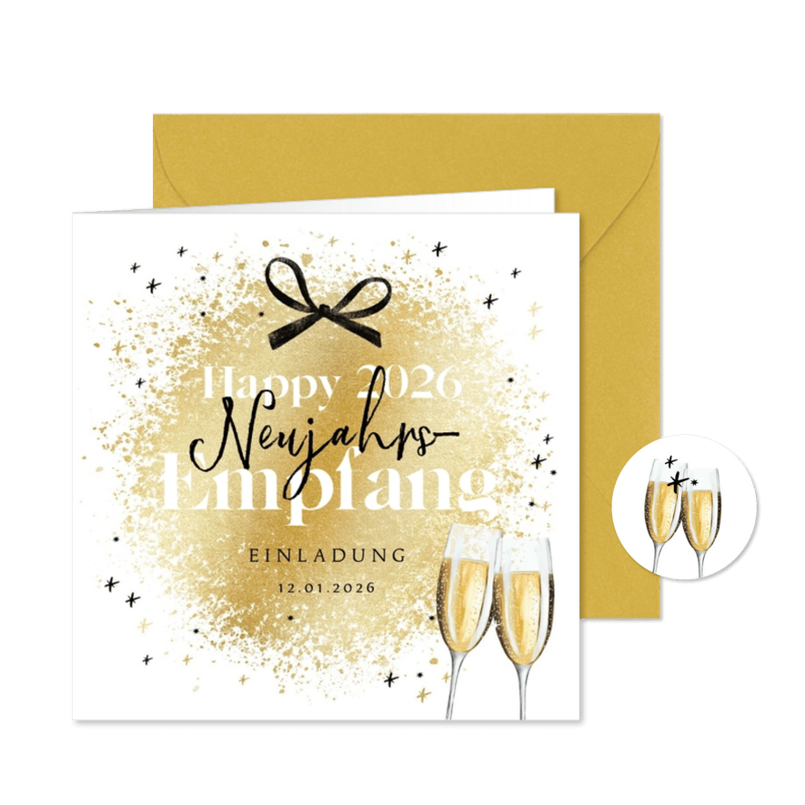 Einladungskarte Neujahrsempfang Schleife & Sektgläser - Karteneindruck
