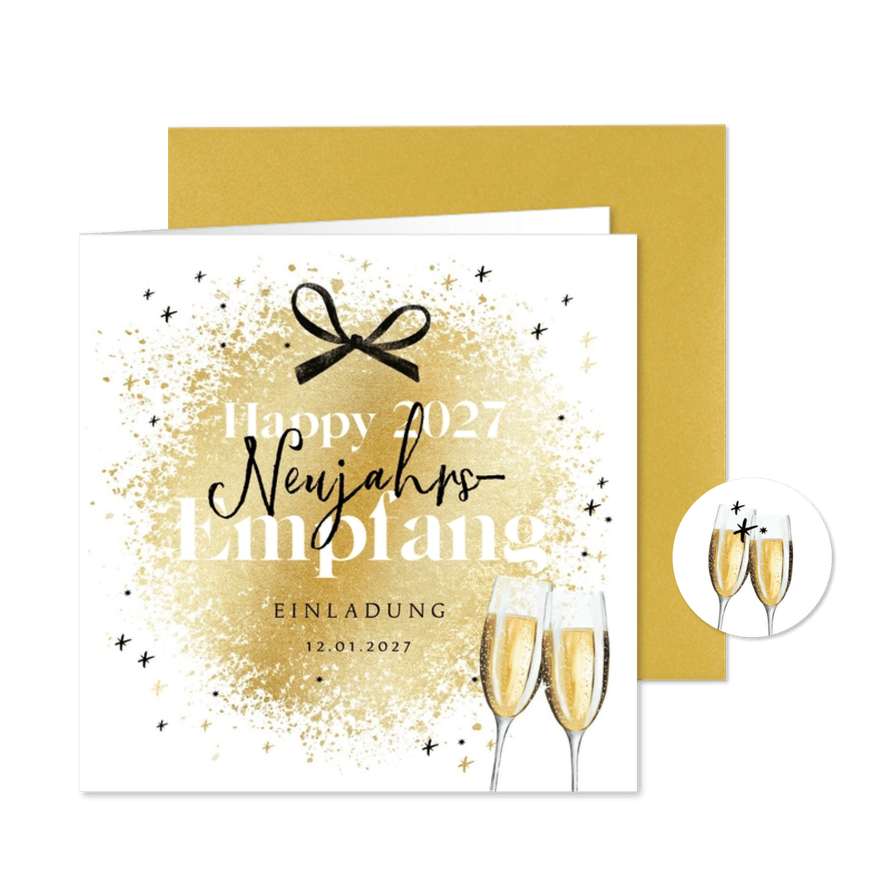 Einladungskarte Neujahrsempfang Schleife & Sektgläser - Kartenvorschau