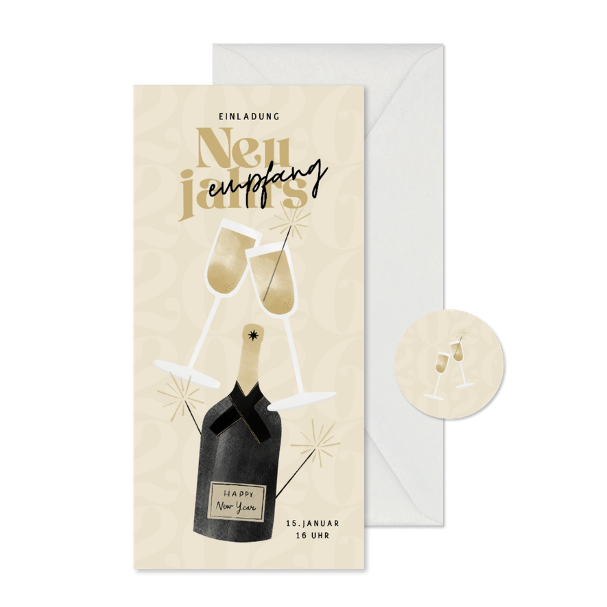 Einladungskarte Neujahrsempfang Sektflasche & Gläser - Karteneindruck
