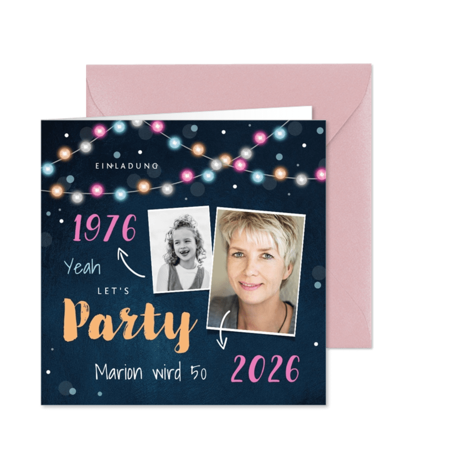 Einladungskarte Party bunte Lichter und zwei Fotos - Karteneindruck
