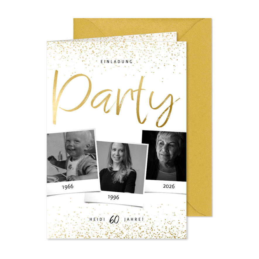 Einladungskarte Party drei Fotos und Konfetti - Kartenvorschau
