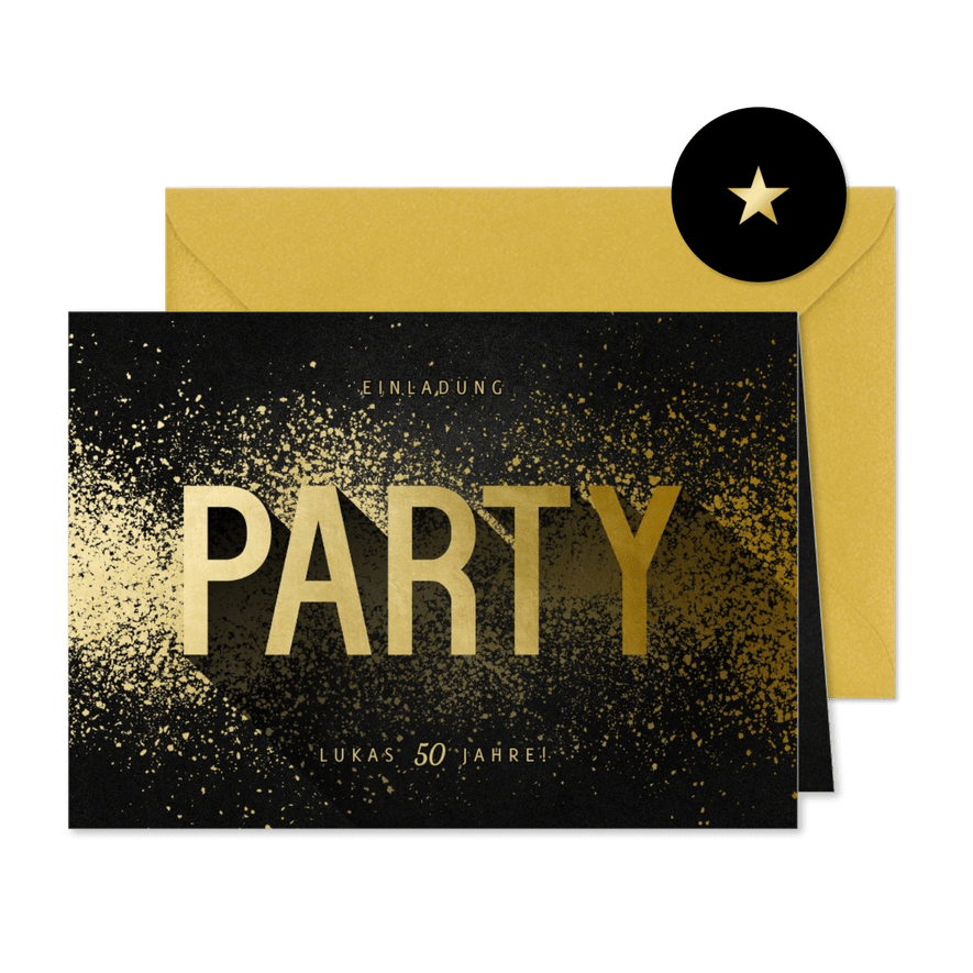 Einladungskarte Party Typografie Goldlook - Kartenvorschau