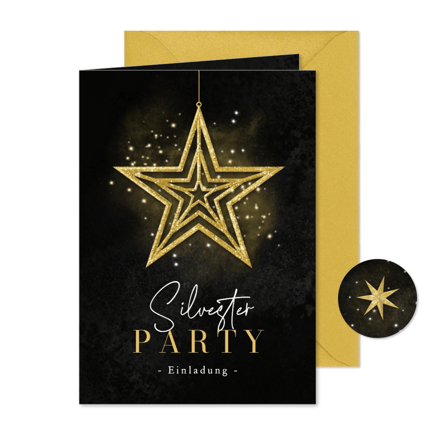 Einladungskarte Party zu Silvester Stern gold - Kartenvorschau