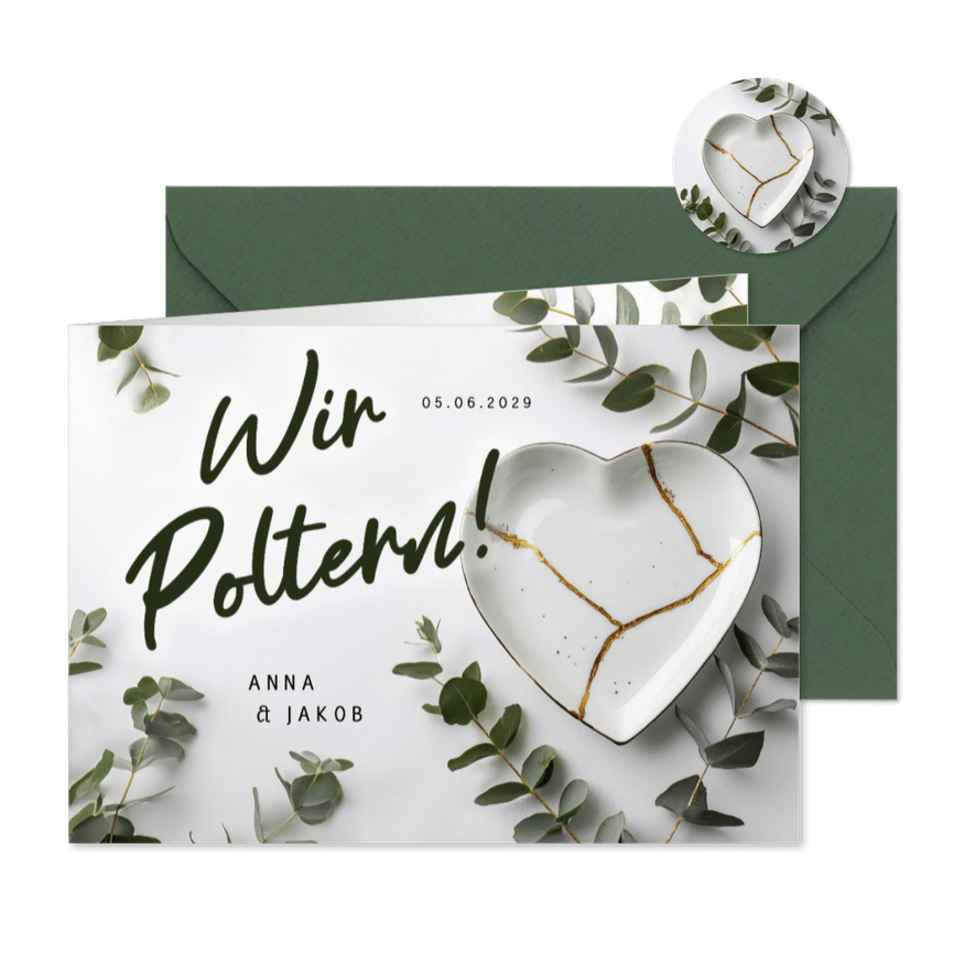 Einladungskarte Polterabend Herz aus Scherben Eukalyptus - Karteneindruck