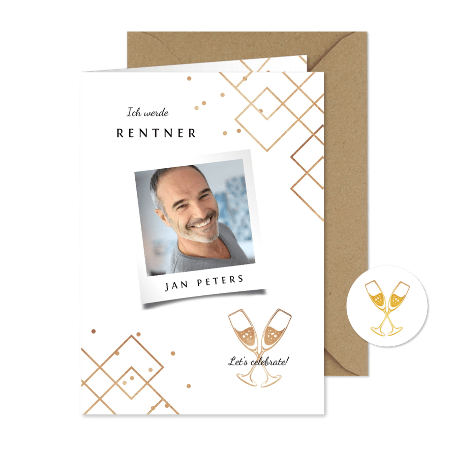 Einladungskarte Renteneintritt Foto grafisch, stilvoll gold - Karteneindruck
