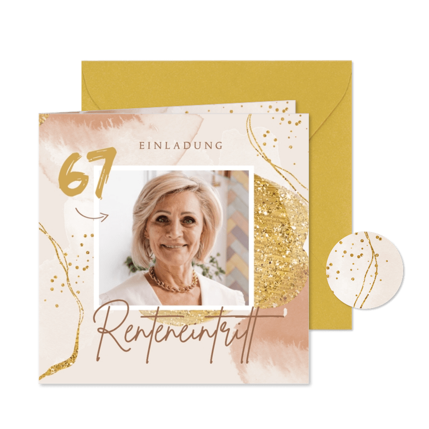 Einladungskarte Renteneintritt Gold Glitzer mit Foto - Karteneindruck