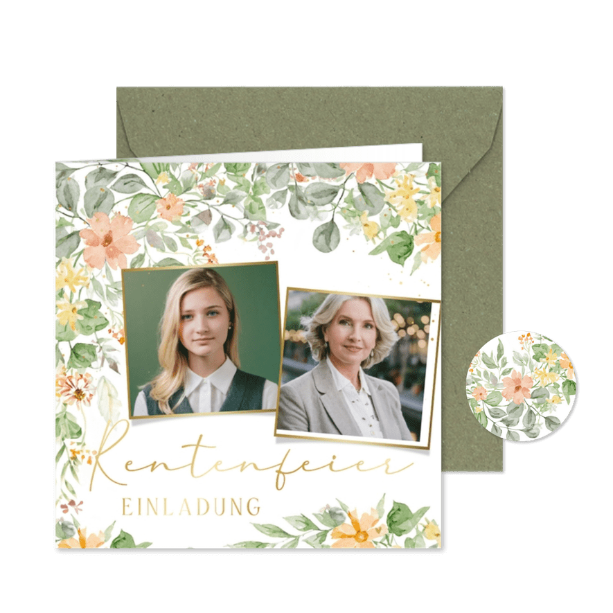 Einladungskarte Rentenfeier Blumenrahmen Fotocollage - Kartenvorschau