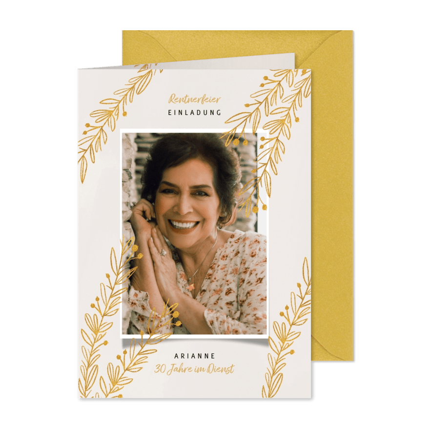 Einladungskarte Rentnerfeier goldene Zweige und Foto - Karteneindruck