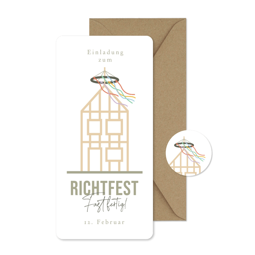 Einladungskarte Richtfest Haus mit Dachstuhl grafisch - Karteneindruck
