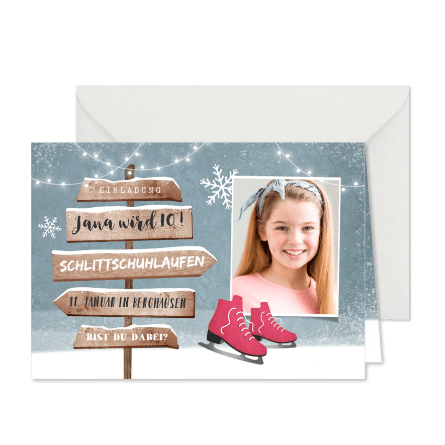 Einladungskarte rosa Schlittschuhe, Foto und Wegweiser - Karteneindruck
