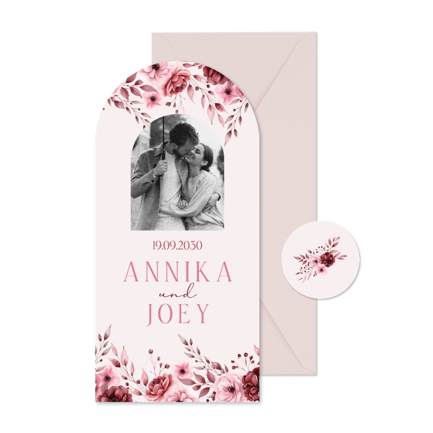 Einladungskarte Rosengesteck Bogenform rosa Hochzeit - Karteneindruck
