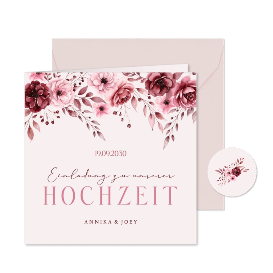 Einladungskarte Rosengesteck rosa Hochzeit - Kartenvorschau