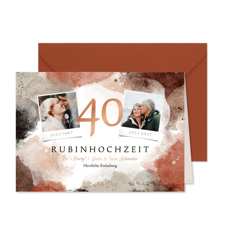 Einladungskarte Rubinhochzeit Fotos & Aquarell - Karteneindruck