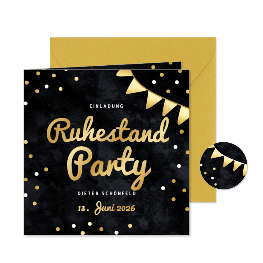 Einladungskarte Ruhestand Party Gold Wimpelkette - Kartenvorschau
