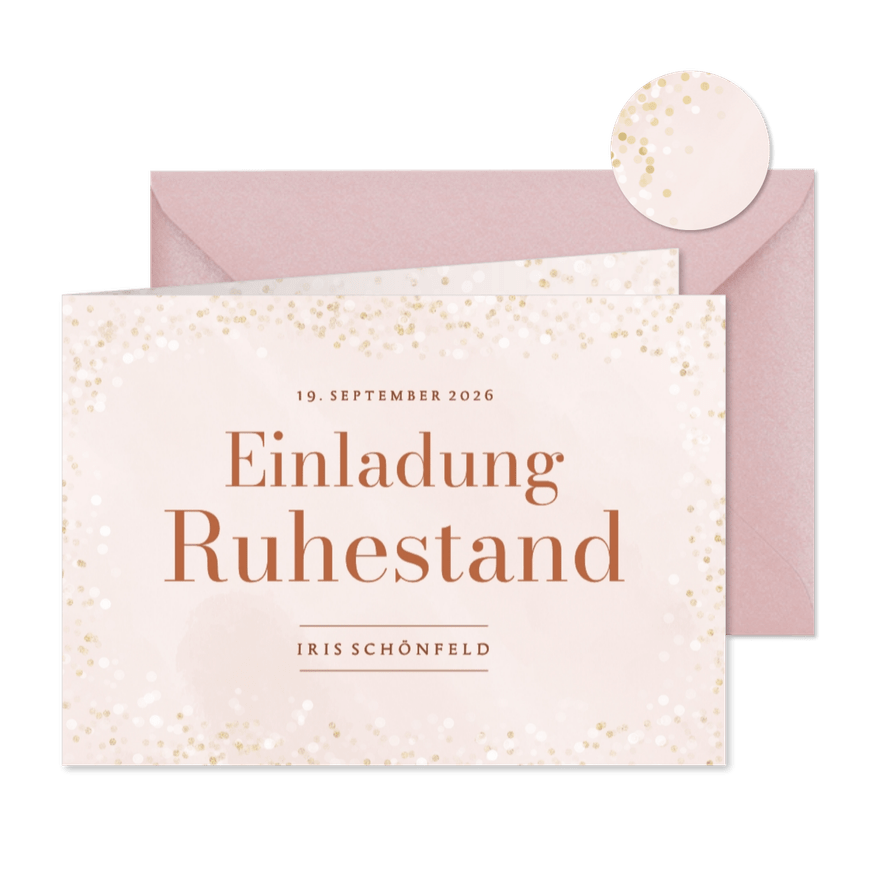 Einladungskarte Ruhestand rosa Glitzer Abschied Kollegin - Kartenvorschau
