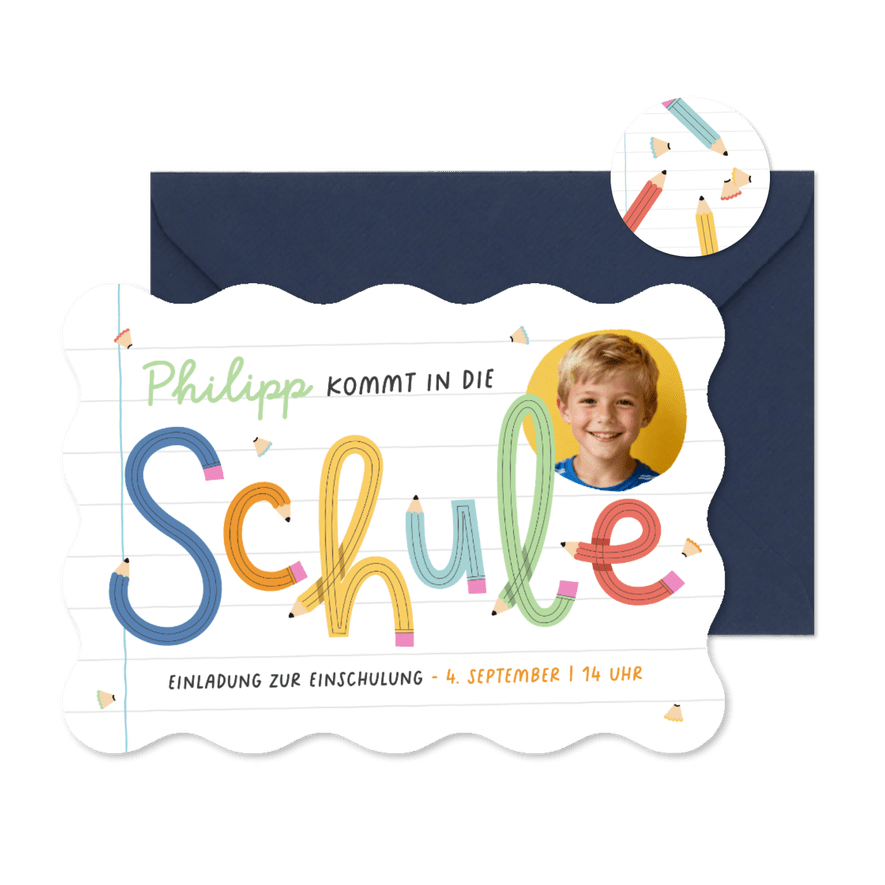 Einladungskarte Schulanfang Foto & Bleistift-Schrift - Kartenvorschau