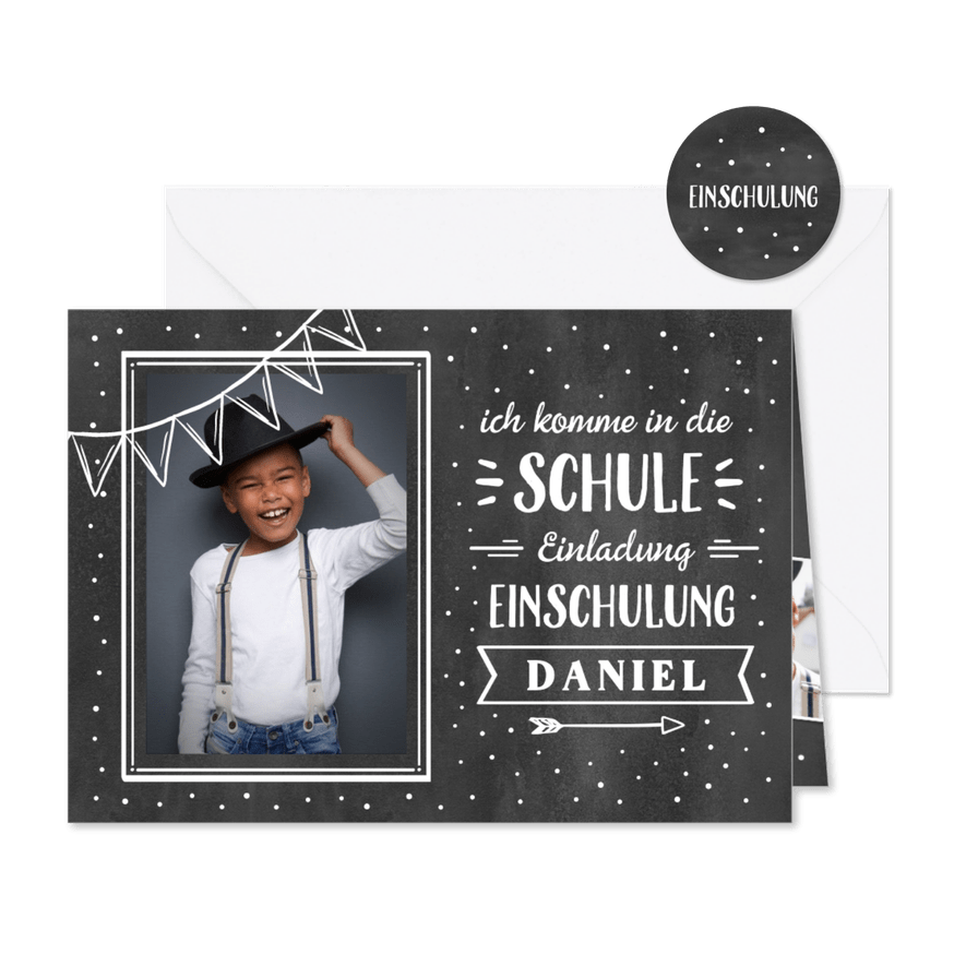 Einladungskarte Schulanfang Foto & Kreidetafel - Karteneindruck