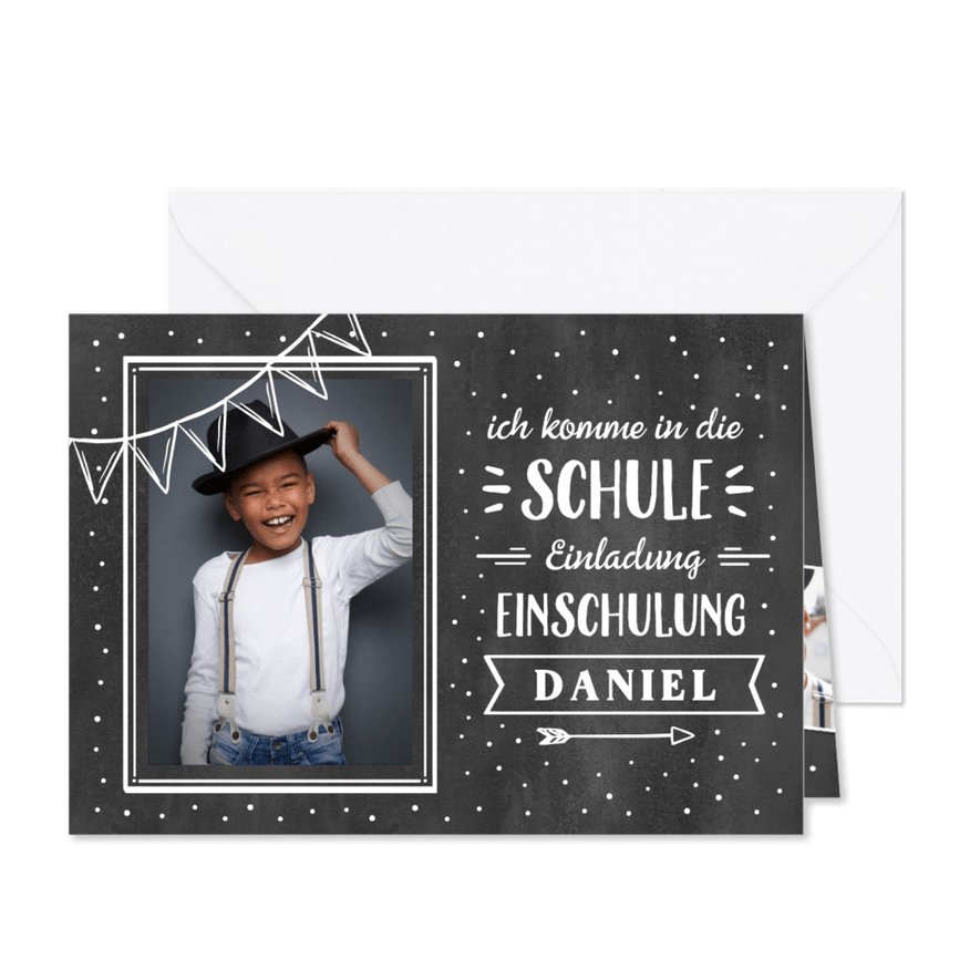 Einladungskarte Schulanfang Foto & Kreidetafel - Kartenvorschau