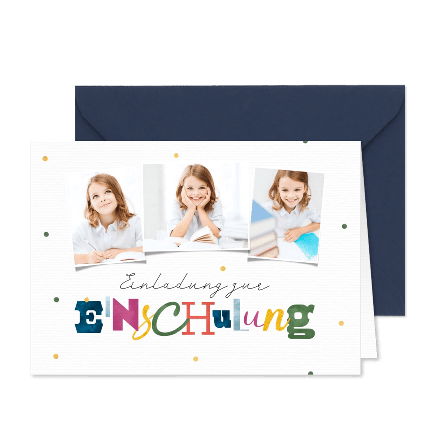 Einladungskarte Schulanfang Fotocollage bunte Buchstaben - Kartenvorschau
