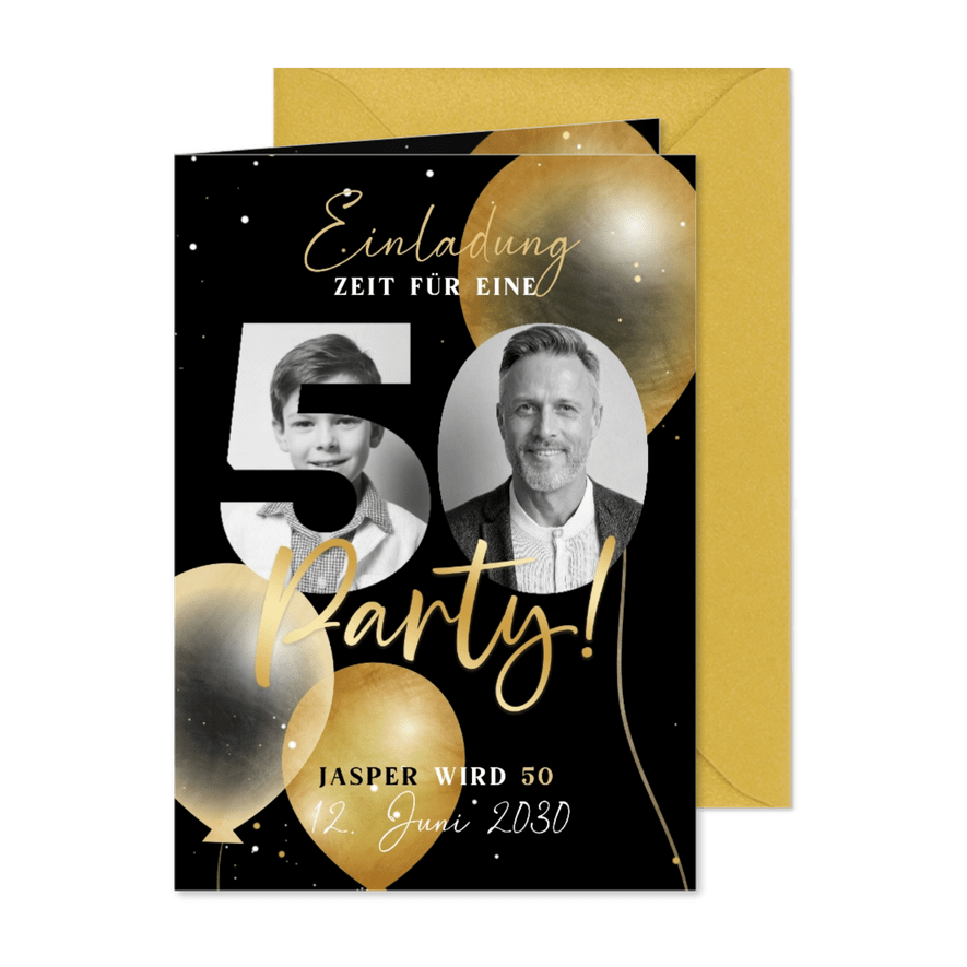 Einladungskarte schwarz 50. Geburtstag Fotocollage in Zahl - Karteneindruck